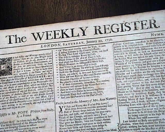 Very Rare Pubication 18th Century London England 290 Years Old 1732 Newspaper