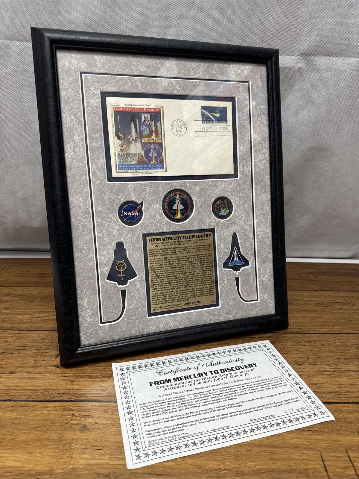 1998 NASA John Glenn Return to Space Mercury Discovery Stamp Pins LE #417 COA JD