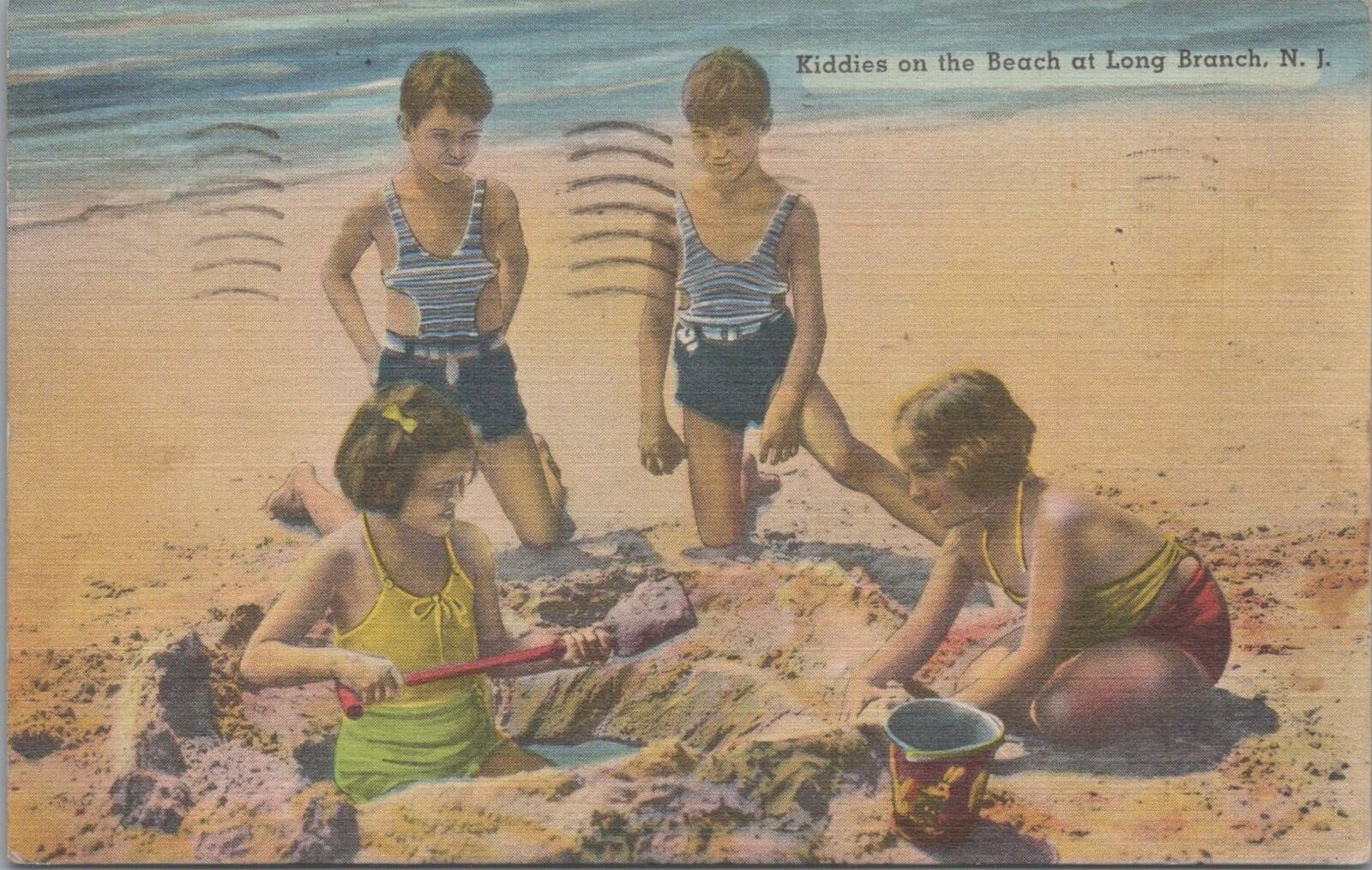 Postcard Kiddies on Beach Long Branch NJ 1941