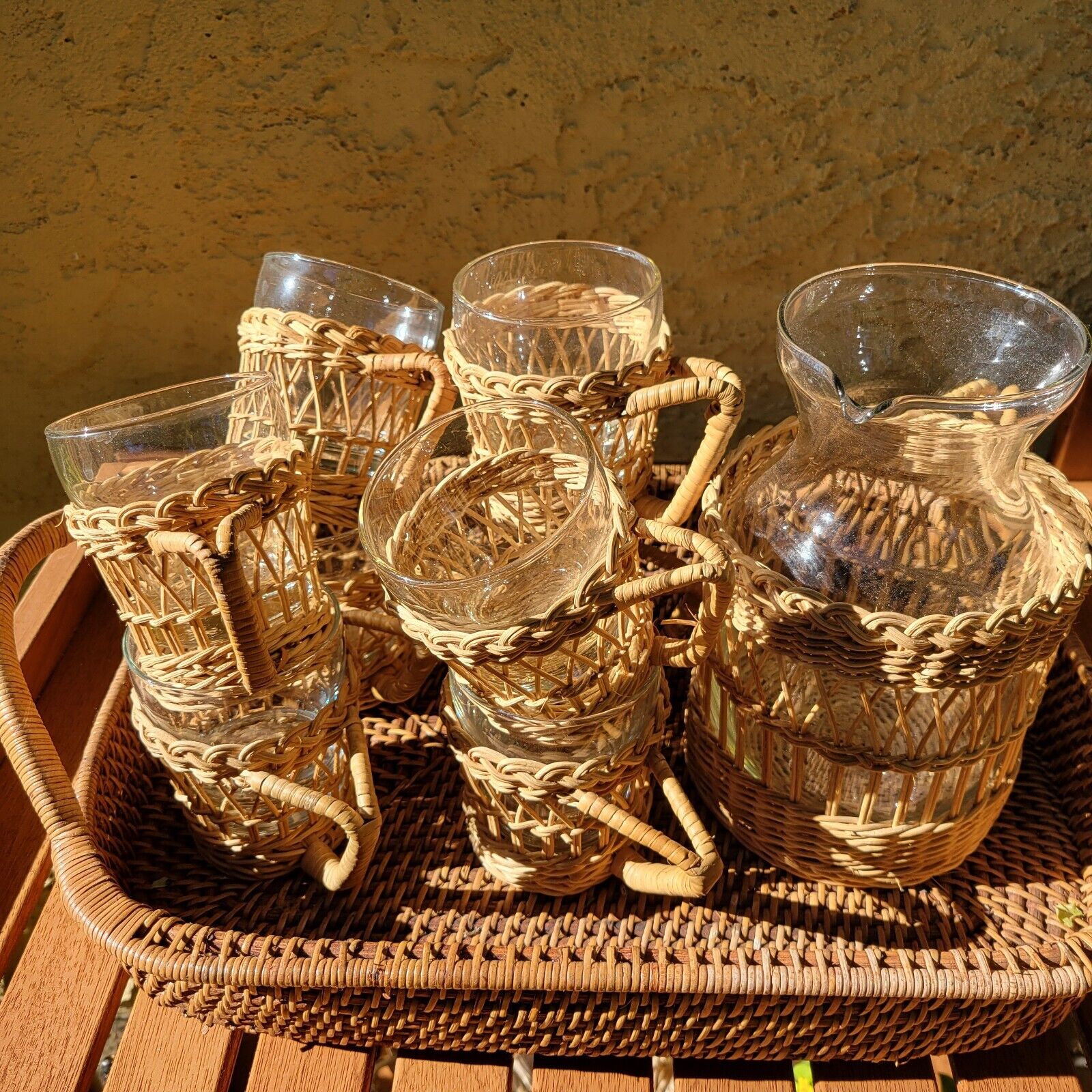 Vintage Rattan Wicker Juice set w/Pitcher and 8 glasses