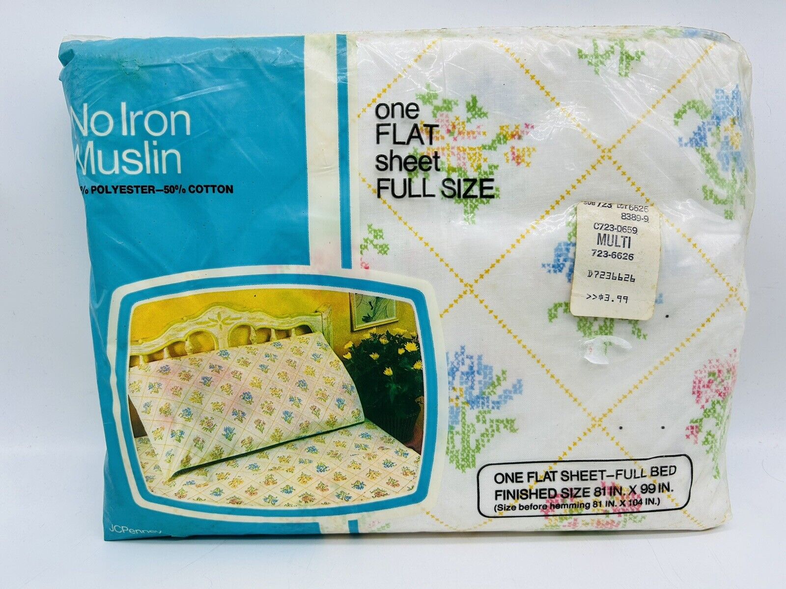 JCPenney Vintage Full Flat Sheet Floral Cross Stitch No Iron Muslin 54x75 NOS