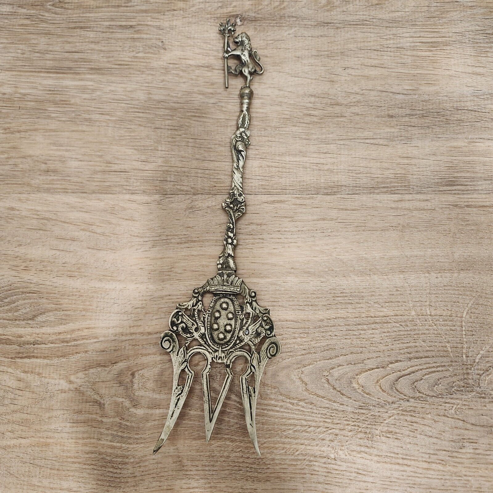 Antique Montagnani Italian Gothic Ornate Brass Serving Fork Lion Scepter 