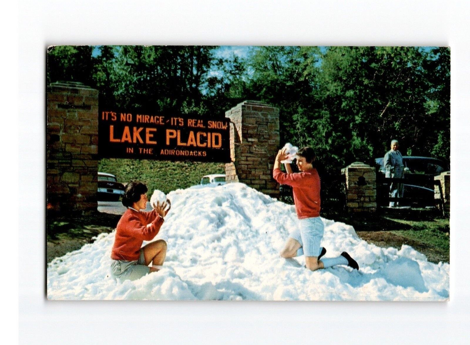 Postcard It\'s No Mirage It\'s Real Snow Sign, Lake Placid, NY, Chrome 1960