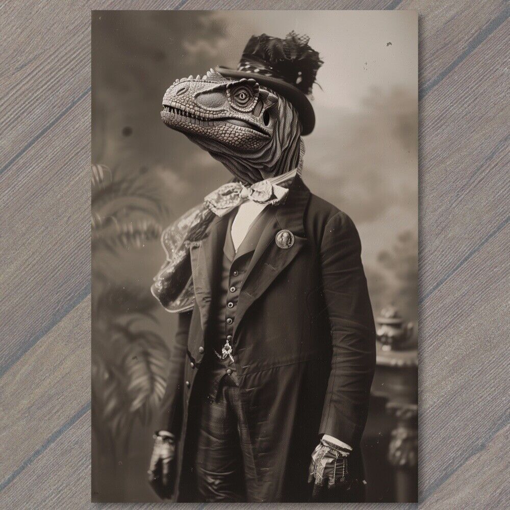 POSTCARD Dinosaur Dressed As Abraham Lincoln Dapper Funny Strange Weird Unusual