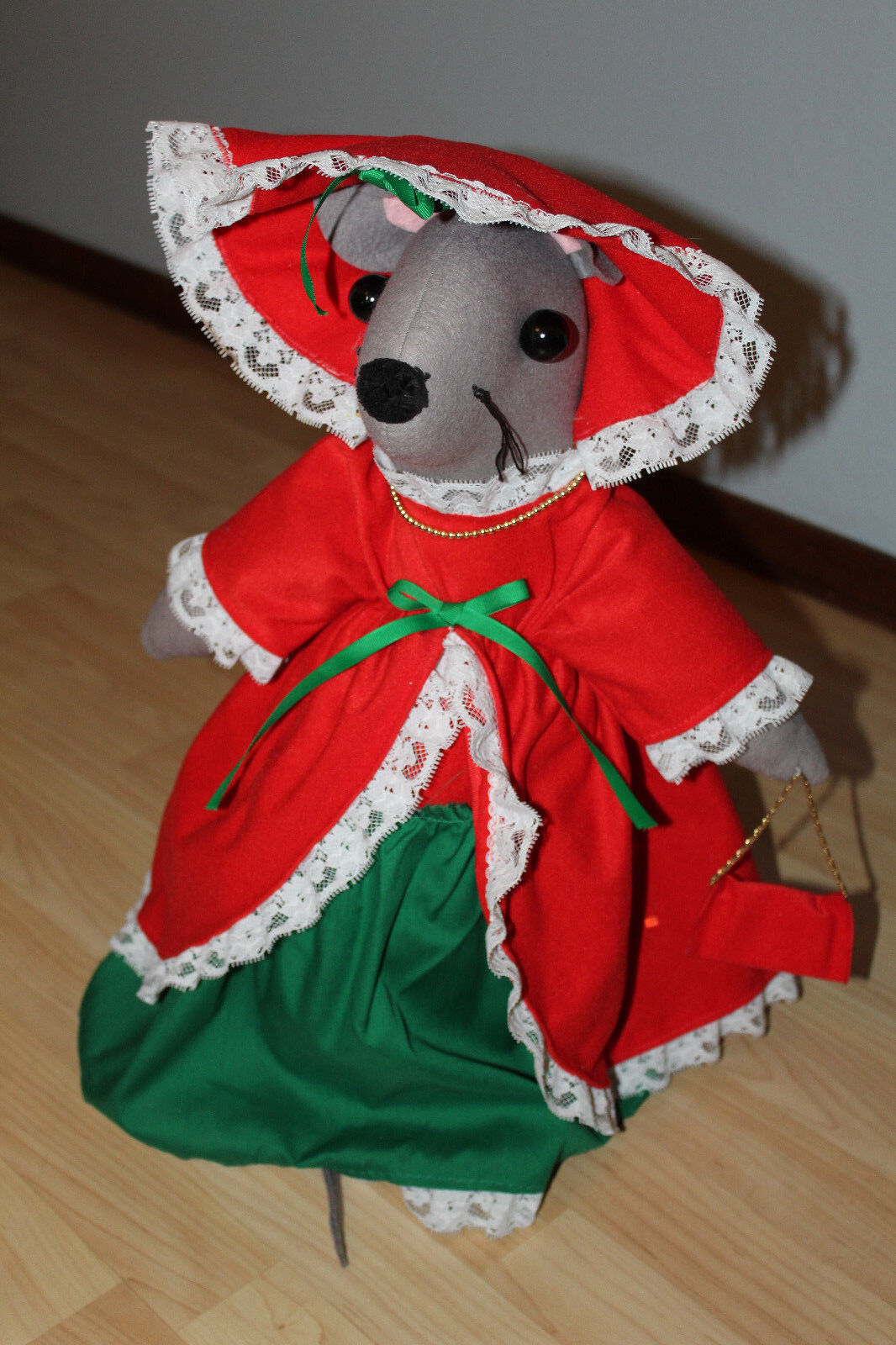 Vintage Mon Petit Chou Ltd Victorian Gray Christmas Mouse Red Green Dress