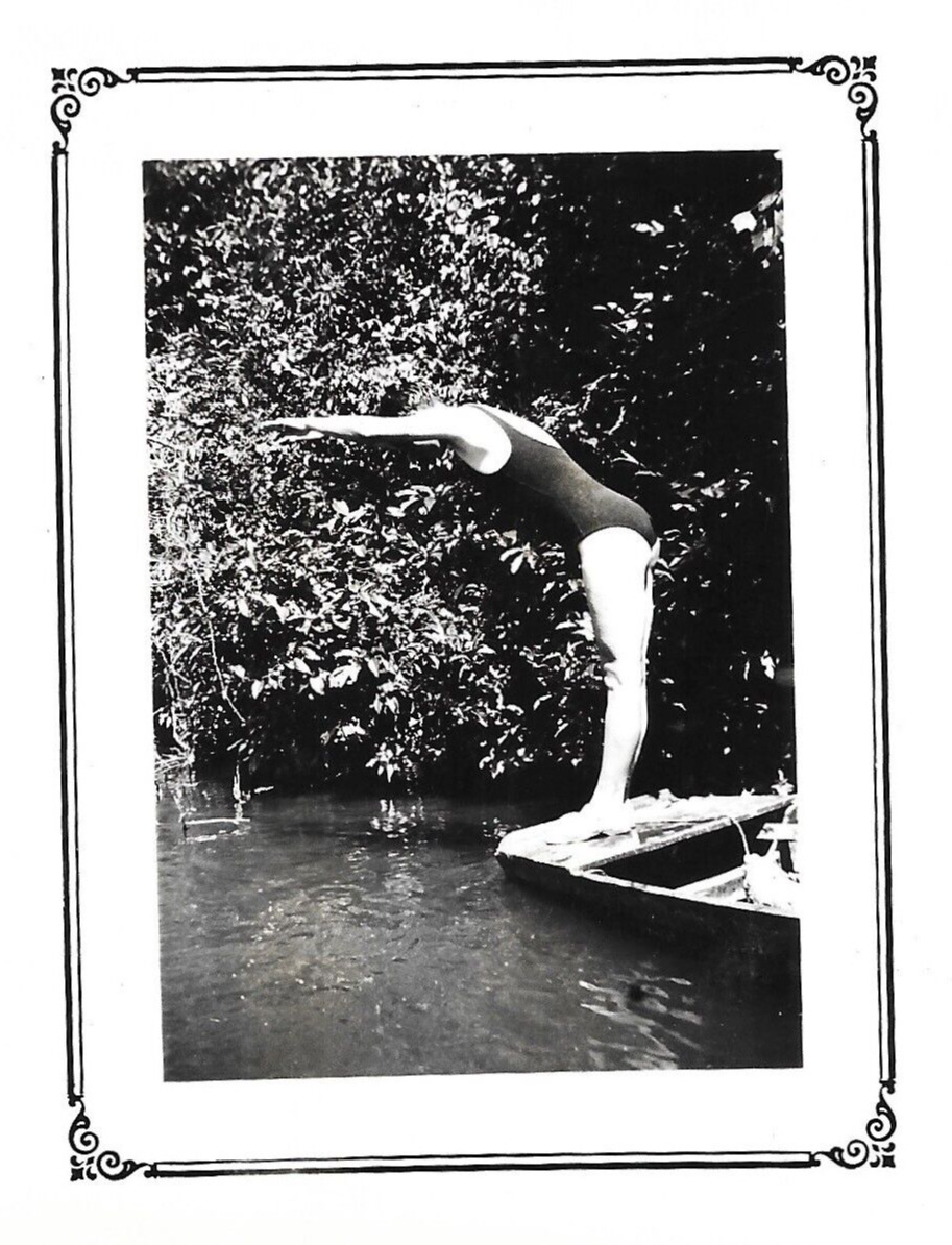 Man In Diving Pose Wool Swimsuit, Vintage Snapshot Photo