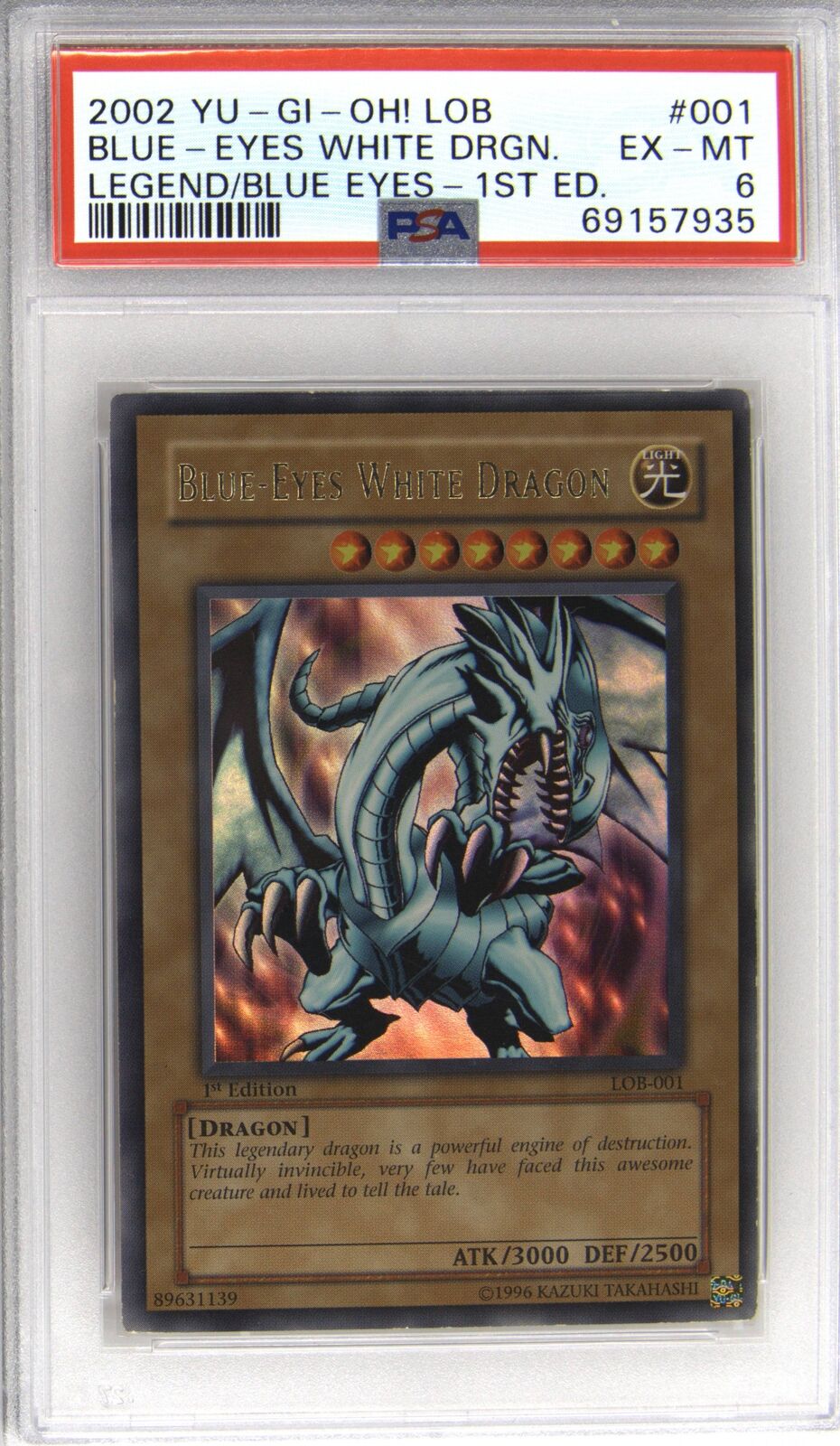 2002 Yu-Gi-Oh Blue-Eyes White Dragon LOB 001 1st Edition PSA 6