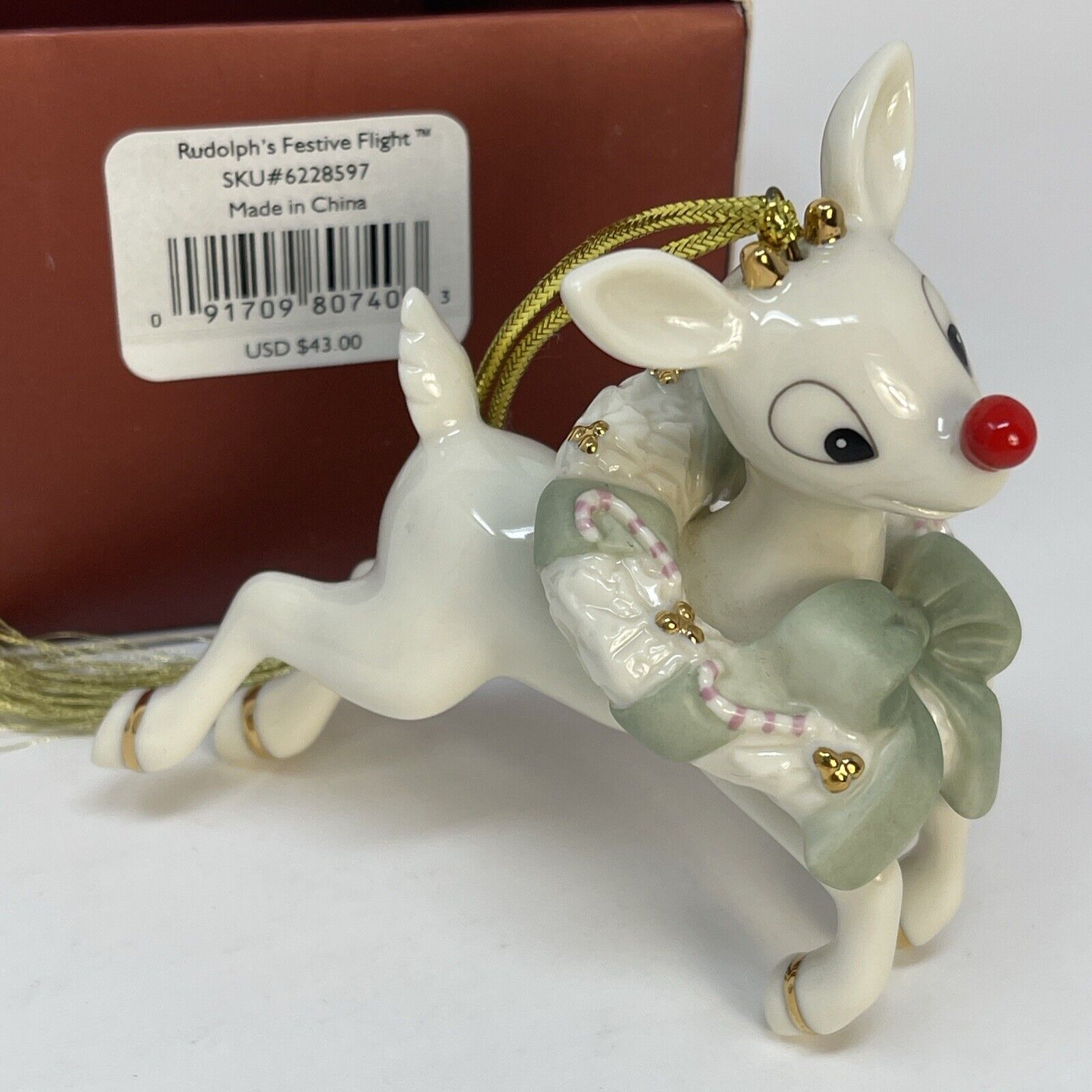 Lenox RUDOLPH\'S FESTIVE FLIGHT Red Nose Reindeer Christmas Ornament With Box (A)
