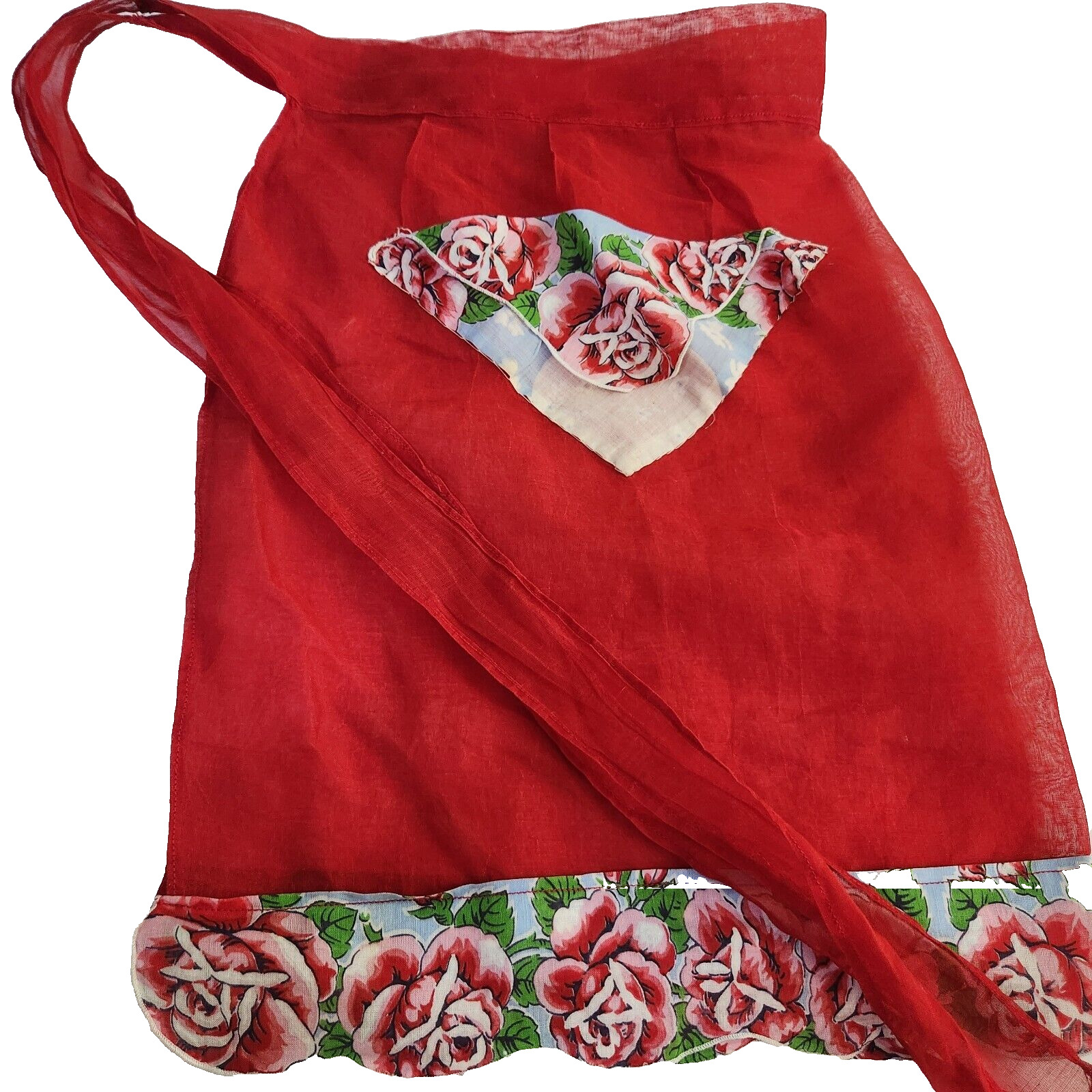 Vintage 60-70\'s Red Sheer Nylon Kitchen Apron Half Waist Rose Handkerchief Trim
