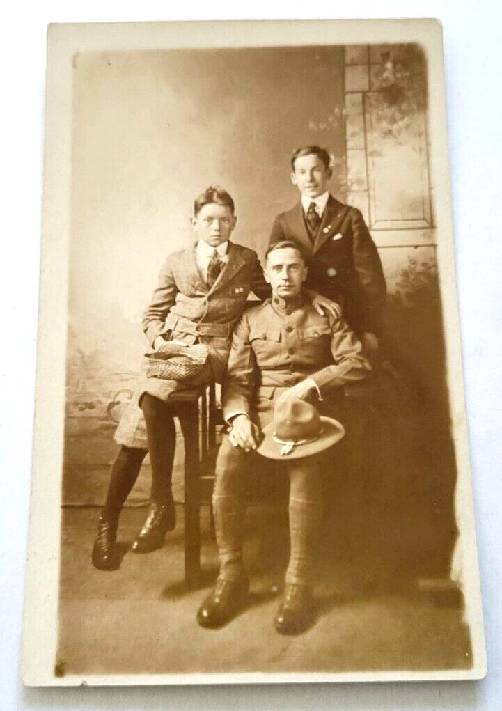 WWI Era Soldier in Uniform & 2 Boys RPPC Studio Military Photo Post Card