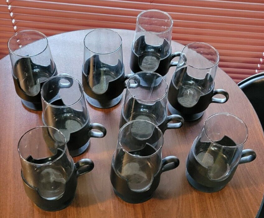 9 pcs. MCM Vintage Corning Glas-Snap Black Bases Hot Cold Beverage Glasses 5.5”