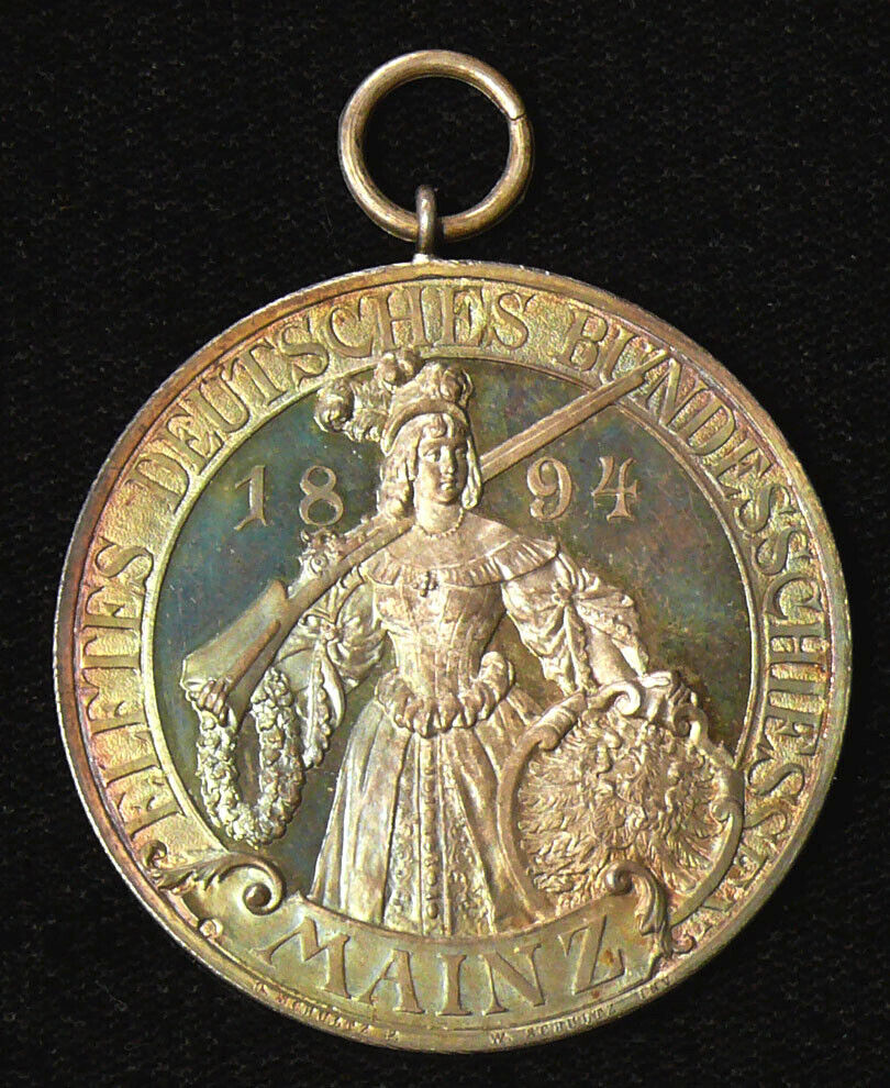 1894 MAINZ SILVER SHOOTING MEDAL-CITY VIEW-RAINBOW TONED PROOF MEDAL * RARE *