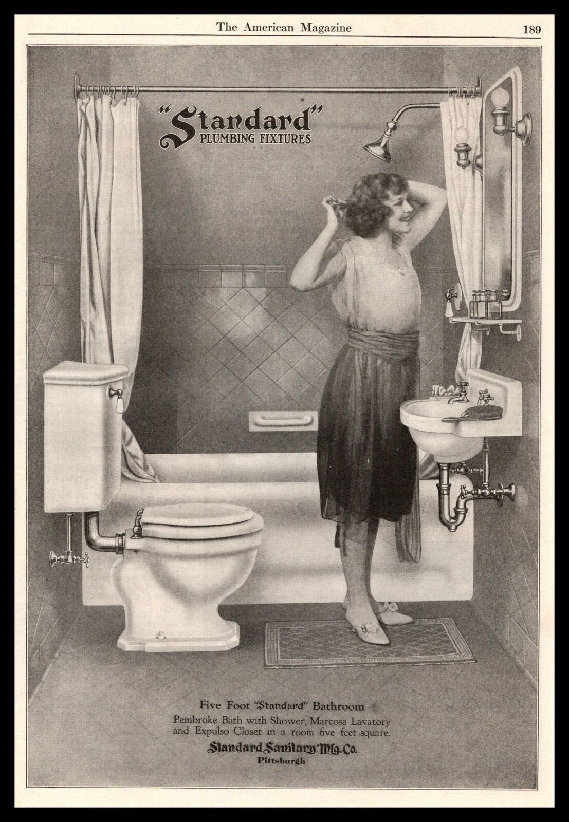 1922 Standard 5 Foot Bathroom Pittsburgh Woman Combing Hair In Mirror Print Ad