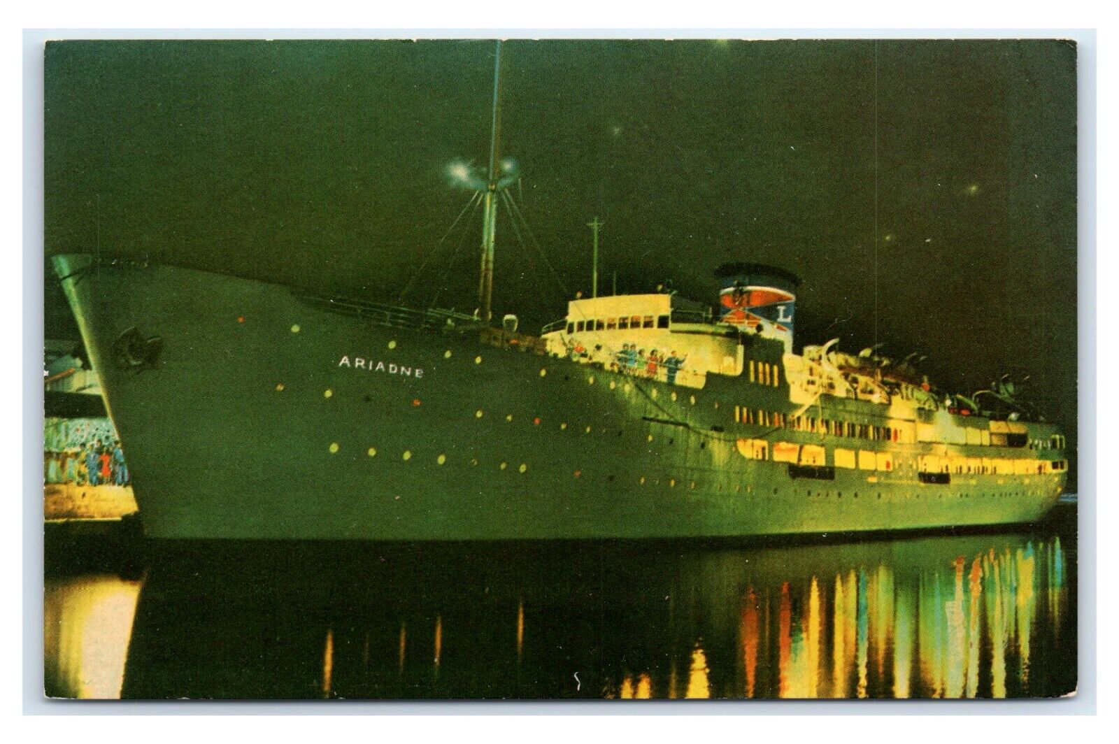 Postcard Eastern Steamship Co., Pier 3, Miami FL SS Ariadne night T19