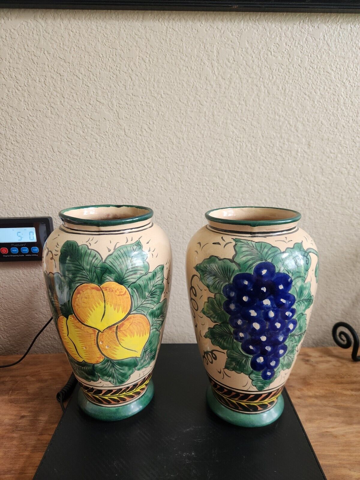 Talevera Pottery Vases  Large Pair Made In Mexico Grape Peach Fruit Ceramic Pair