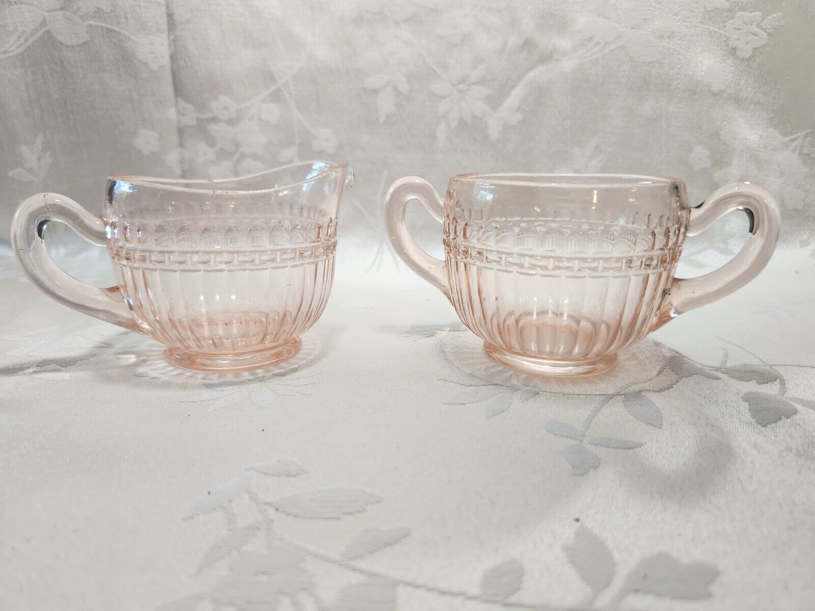 Vintage Diamond Glass Co Adams Rib Pink Depression Glass Cream & Sugar Bowl Set