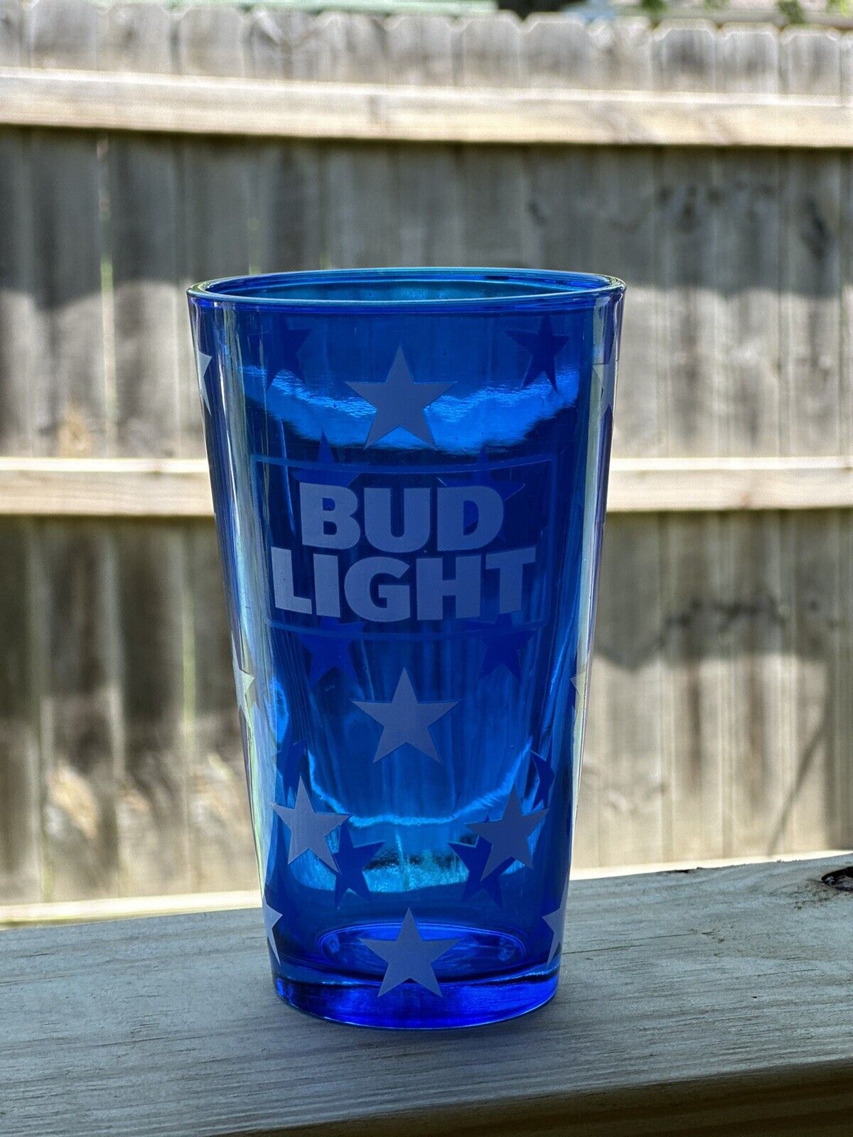 Bud Light Beer Glass Cobalt Blue, White Color Logo with White Stars