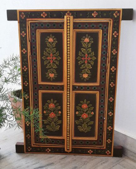 Green Floral Painted Jharokha Wall Hanging Wooden Window Hand Carved Frame 