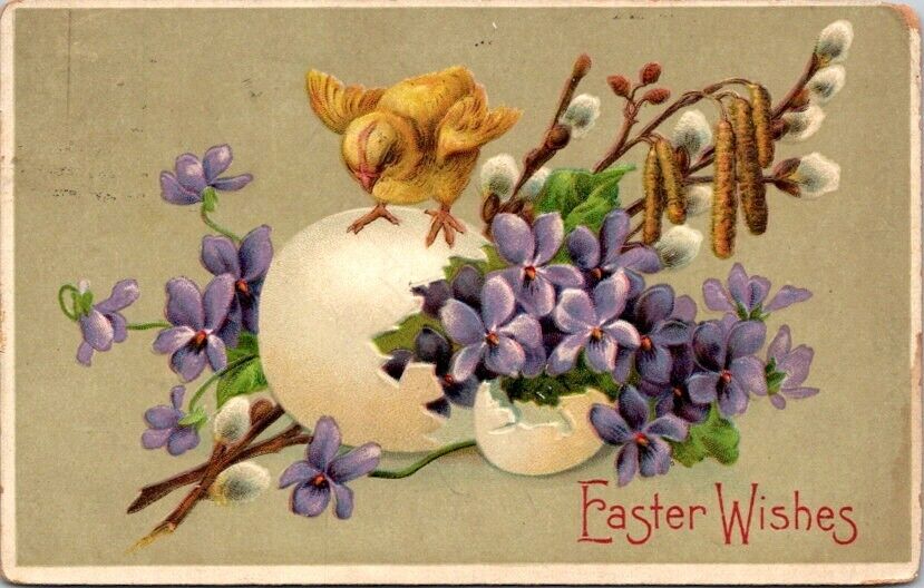 Vintage Postcard Baby Chicken Egg Shell and Flower Bouquet...Easter Wishes  Z501