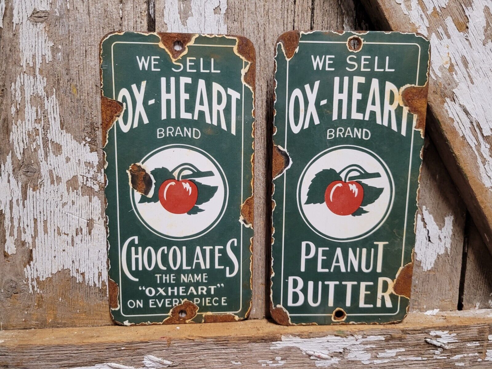 VINTAGE OX-HEART PORCELAIN SIGN OLD CONFECTIONERY CHOCOLATE PEANUT BUTTER CANDY