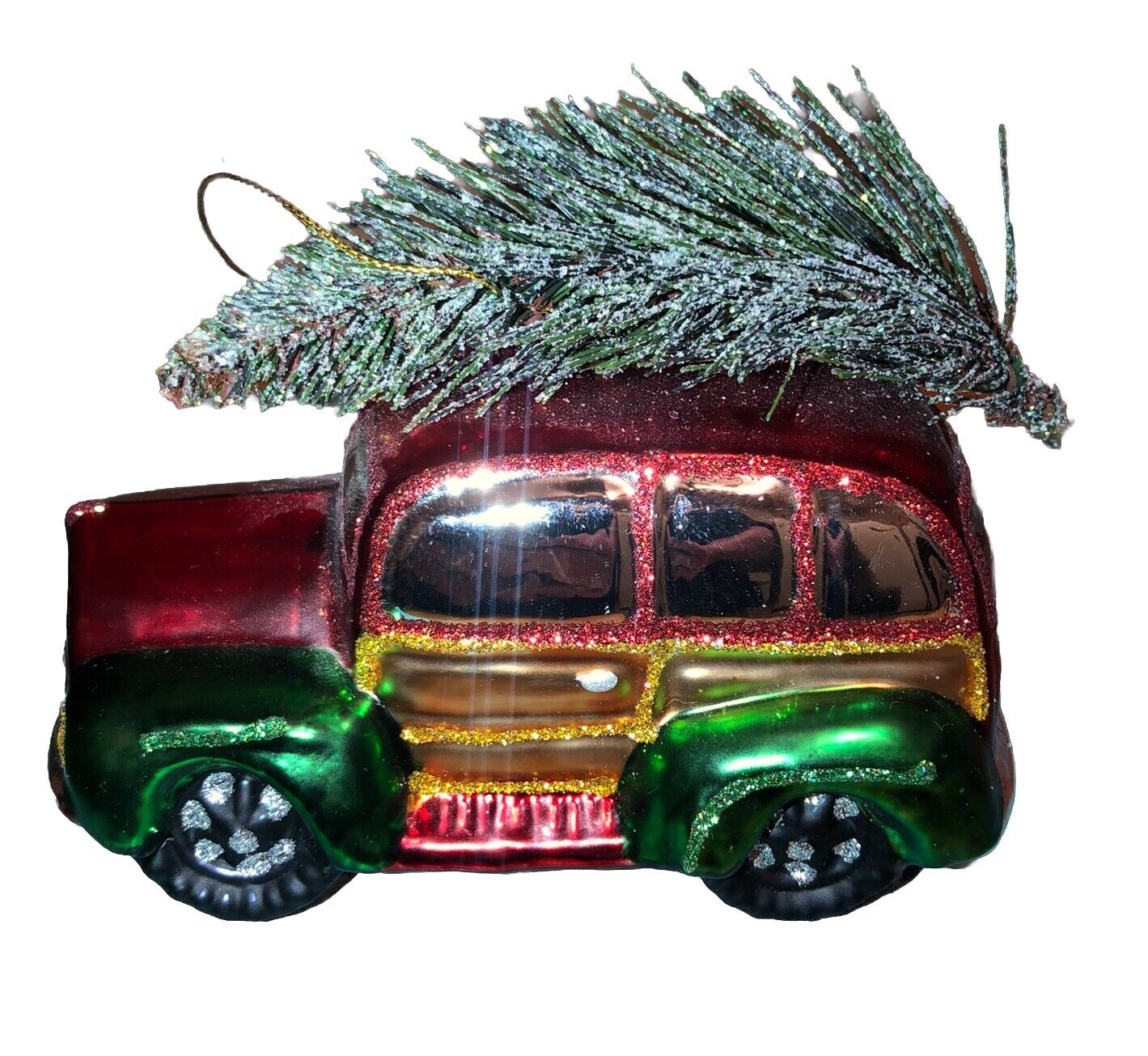 Hand Blown Glass Ornament Woody Station Wagon Car  4 1/2 Inches Long ￼fun