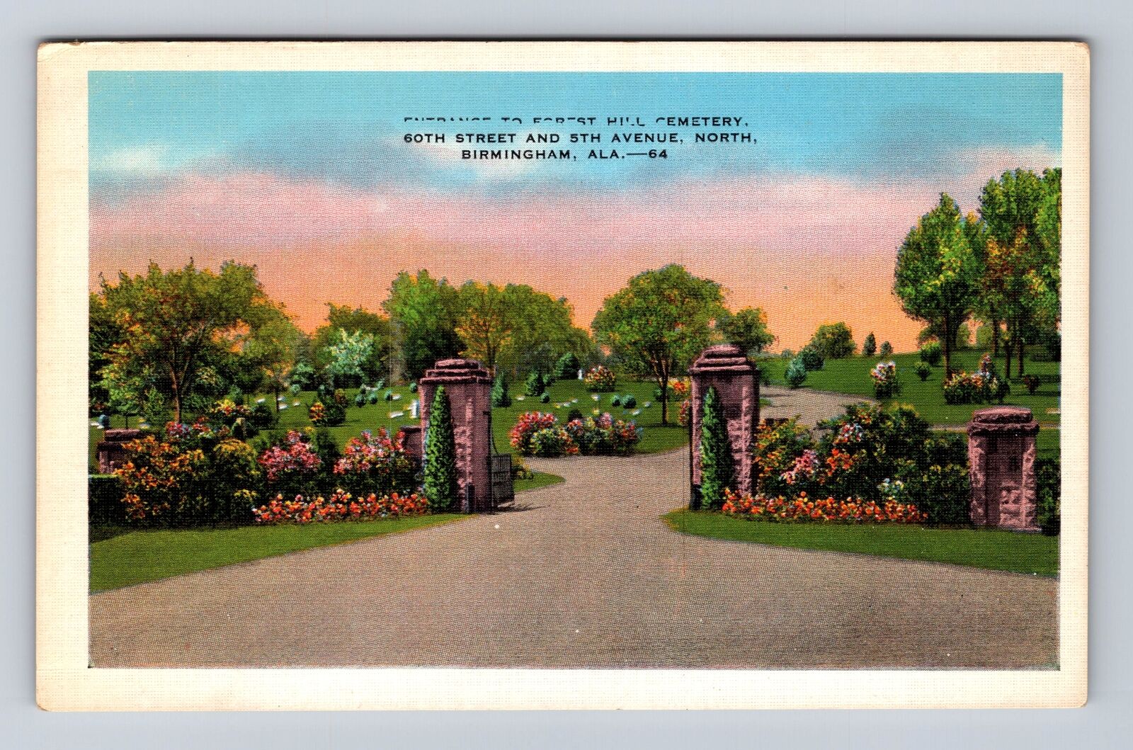 Birmingham AL-Alabama, Entrance To Forest Hill Cemetery, Vintage Postcard