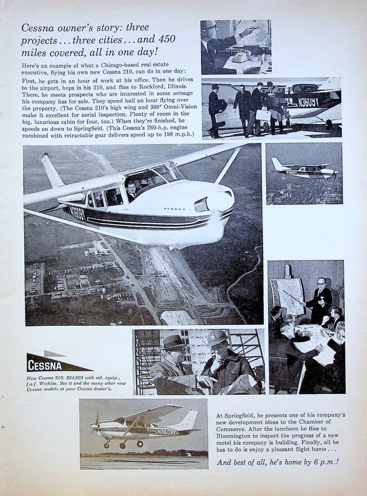 1963 Cessna 210 Aircraft 1960s Print Ad Flight Chicago Rockford IL Springfield