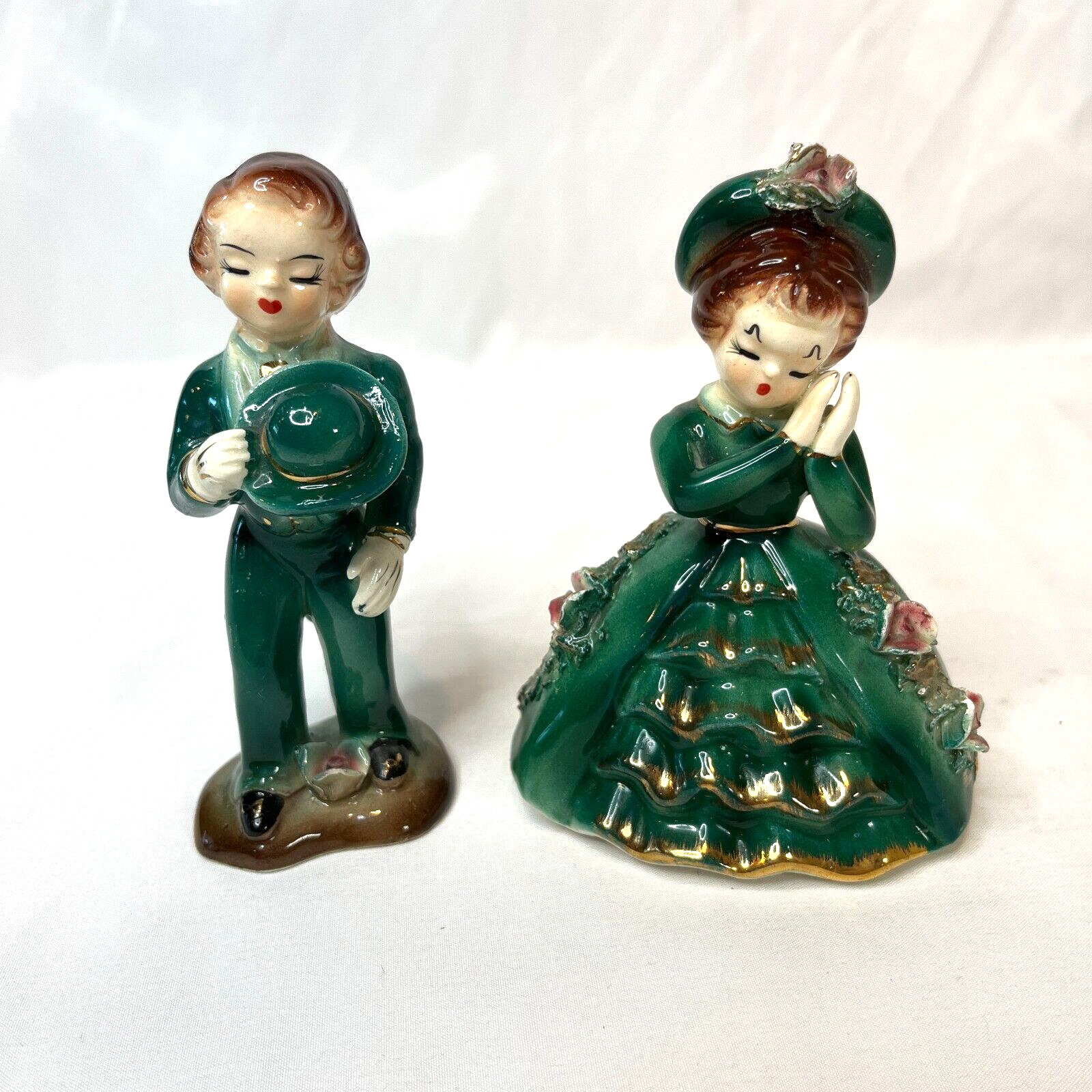 Vintage Made In Japan couple Wearing Green Dress With Spaghetti Trim Figurines