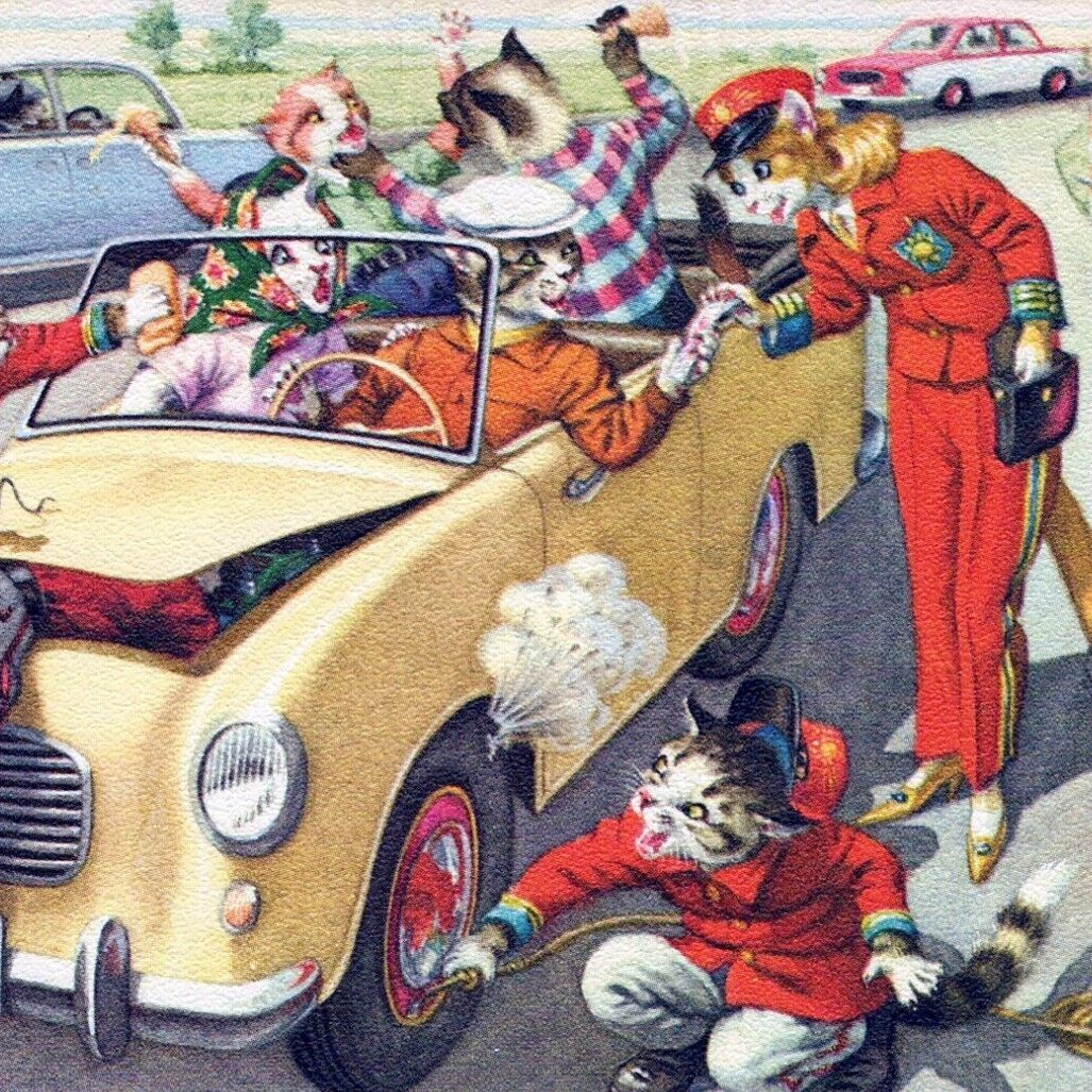 1960s Alfred Mainzer Cat Mechanic Fix Car Gas Station Anthropomorphic Postcard
