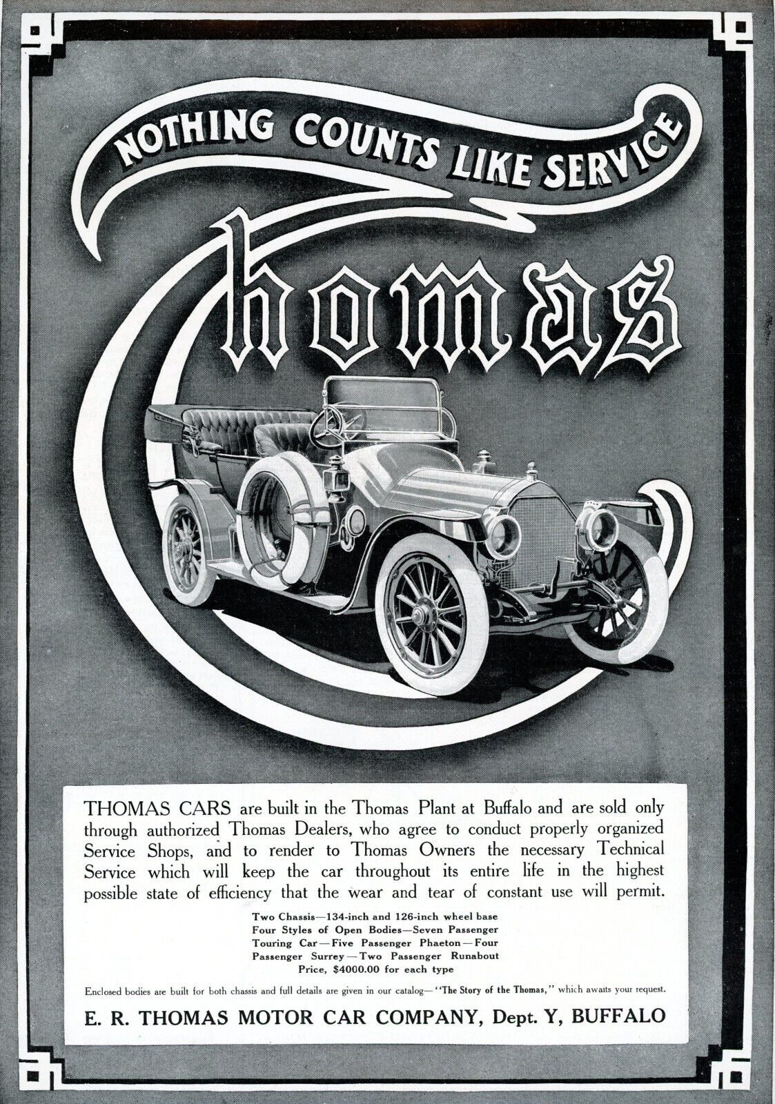 1911 Original E.R. Thomas Ad. 5-Passenger Phaeton. Buffalo NY  Lg Glossy Pg