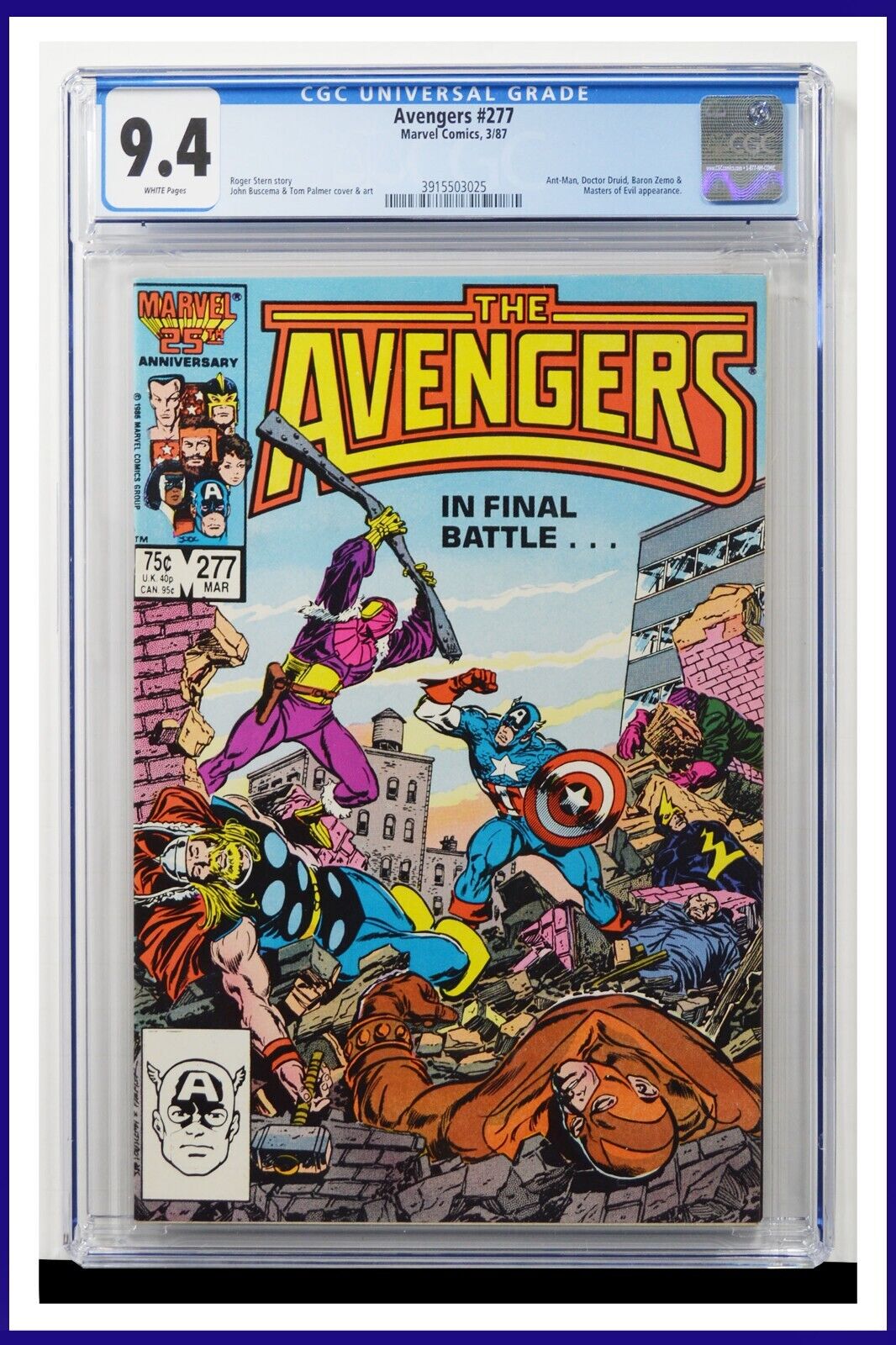 Avengers #277 CGC Graded 9.4 Marvel March 1987 White Pages Comic Book.