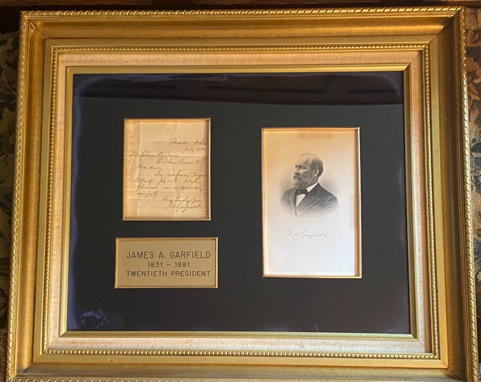 BEAUTIFULLY FRAMED President-Nominee JAMES A. GARFIELD Sends Autograph (1880) OH