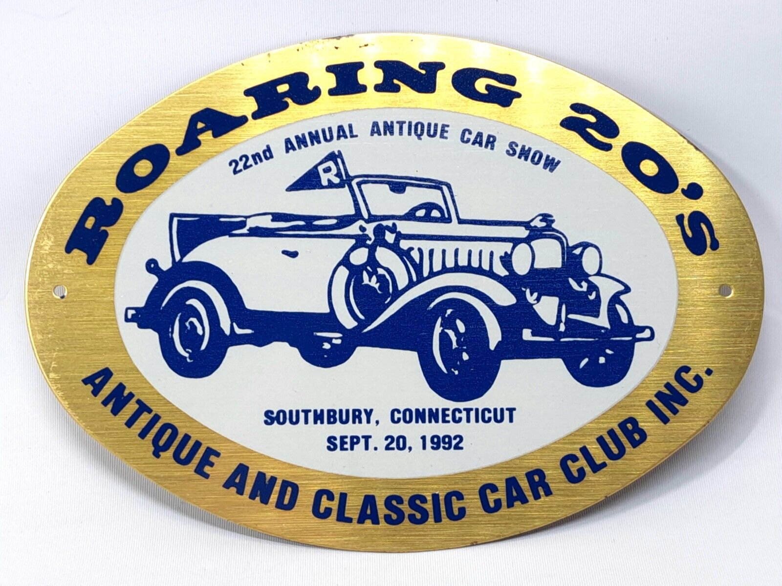 1992 ANTIQUE CLASSIC CAR CLUB ROARING 20\'s BRASS DASH PLAQUE SOUTHBURY, CT 22nd