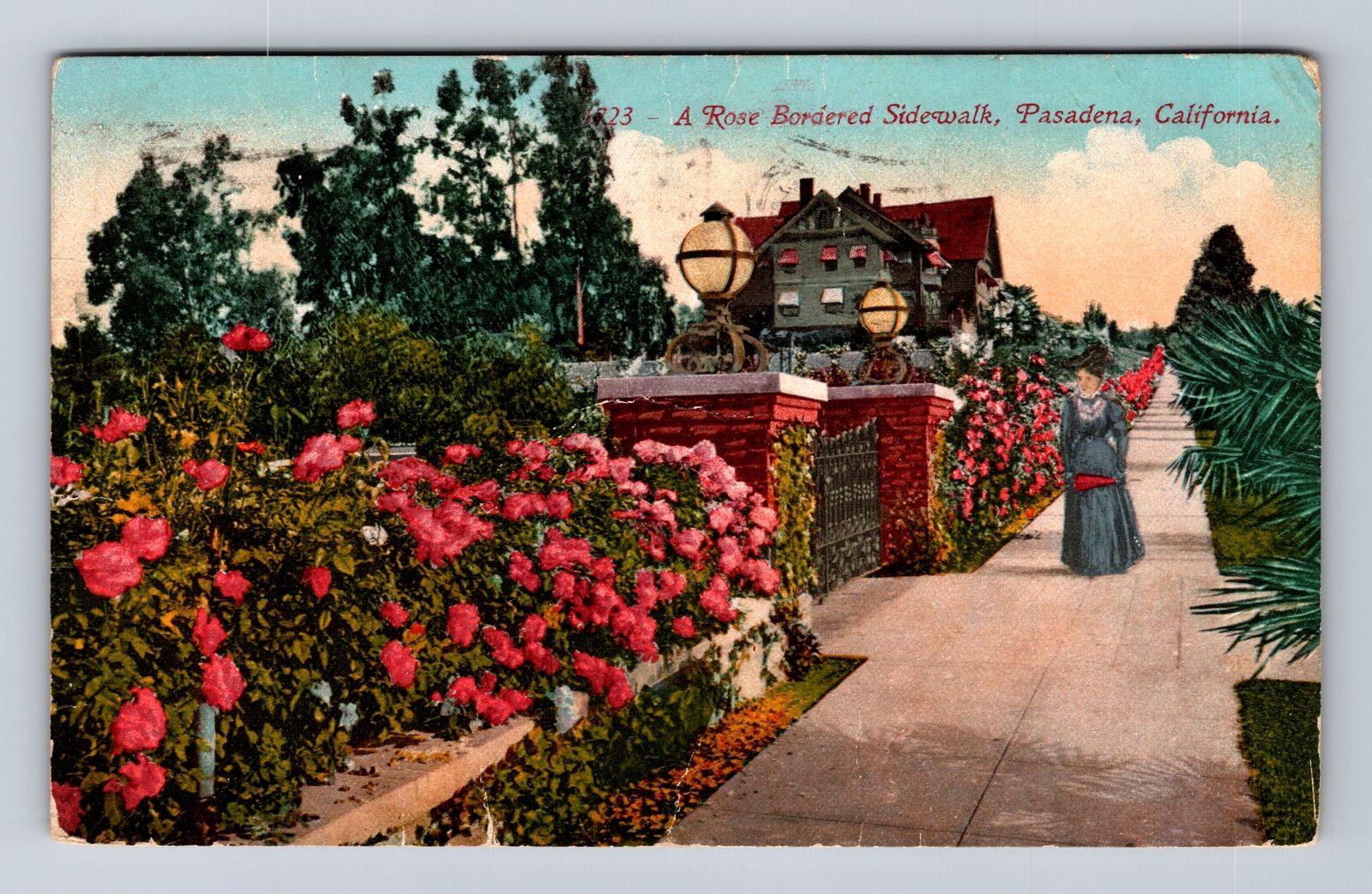Pasadena CA-California, Rose Bordered Sidewalk, Antique Vintage c1917 Postcard
