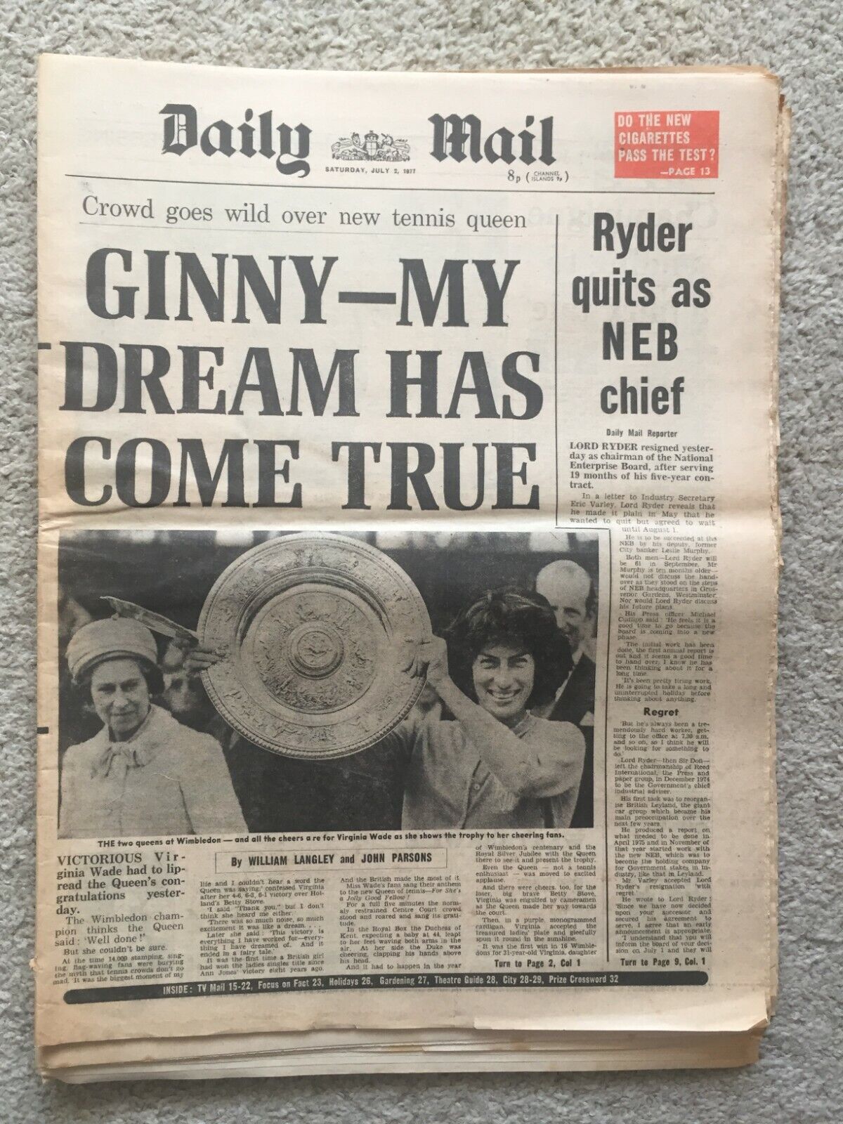 Daily Mail Newspaper 2nd July 1977 Virginia Wade wins Wimbledon