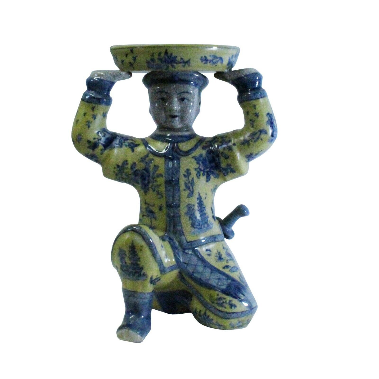 Oriental Vintage Ceramic Yellow Blue Flower Man Holding Dish Figure cs5220