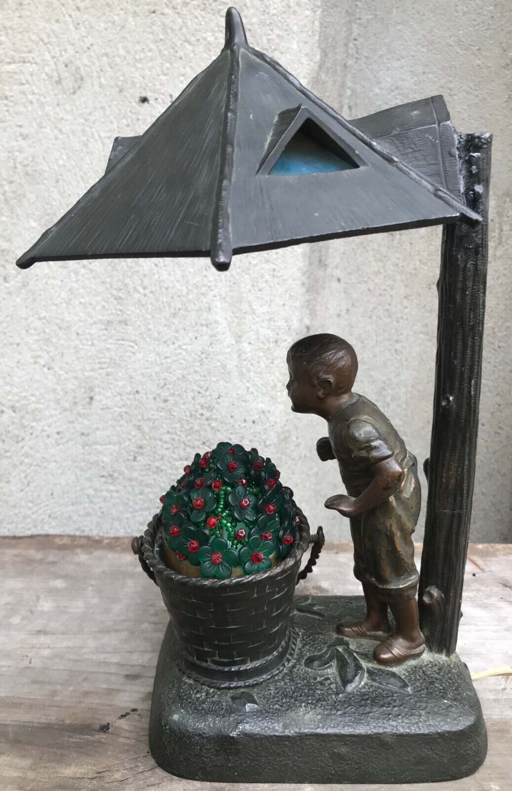 Antique Patinated Metal Czech Flower Boy Basket Lamp Hex Slag Glass Shade German