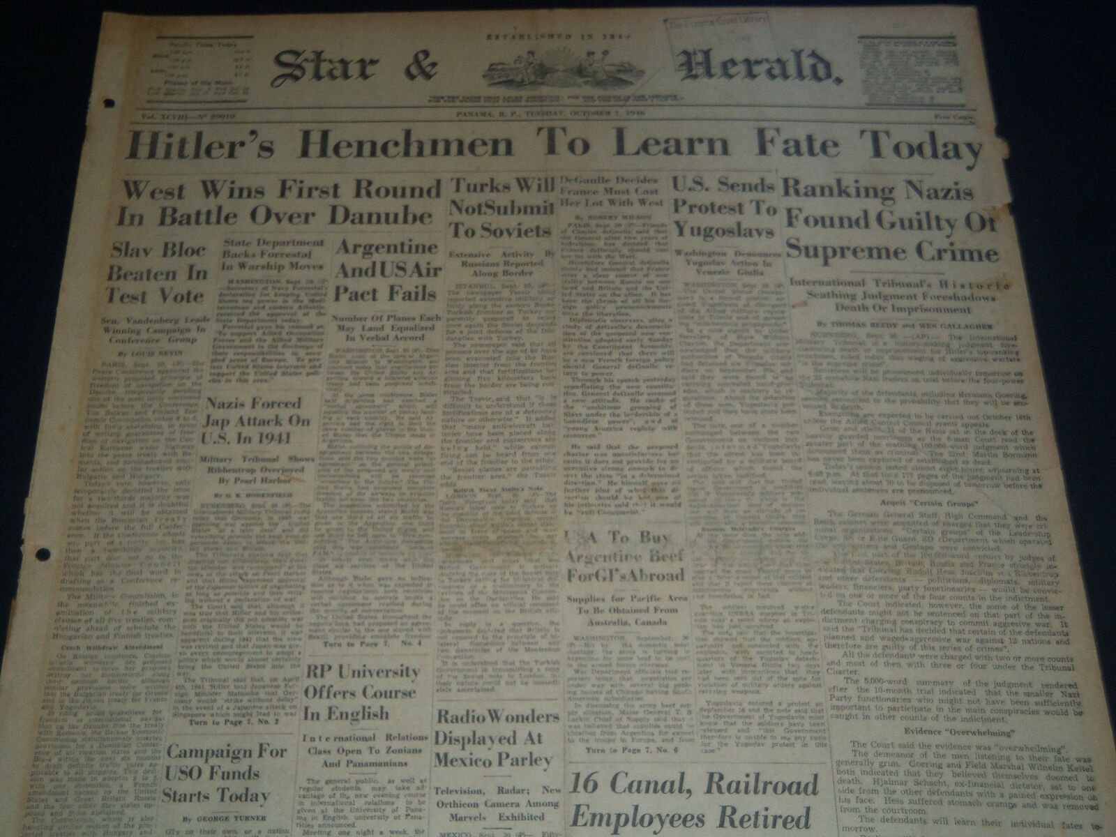 1946 OCT 1 PANAMA STAR & HERALD NEWSPAPER - HITLER\'S HENCHMEN TO LEARN - NT 7540