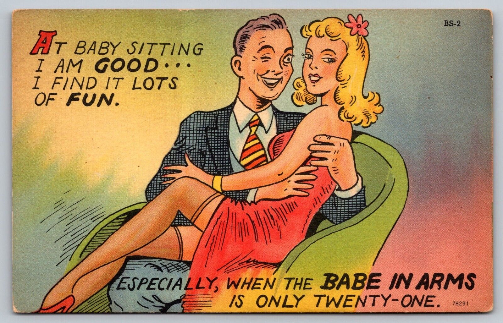 Postcard Humor Romance Colorful Babe in Arms Cuddle Scene A17