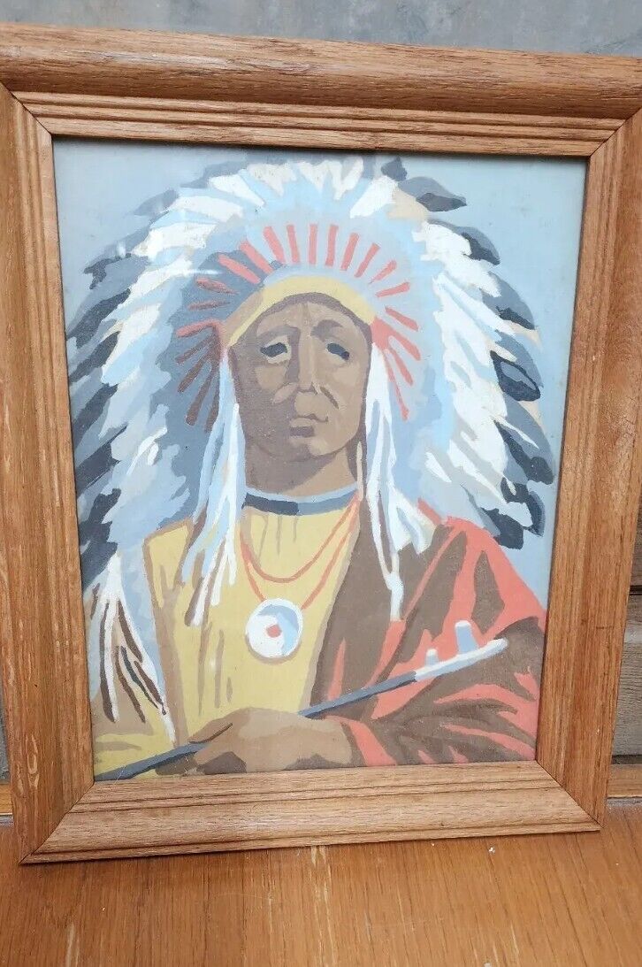Paint By Number  10x12 Indian Chief HeadDress Native American Vintage Wood Frame