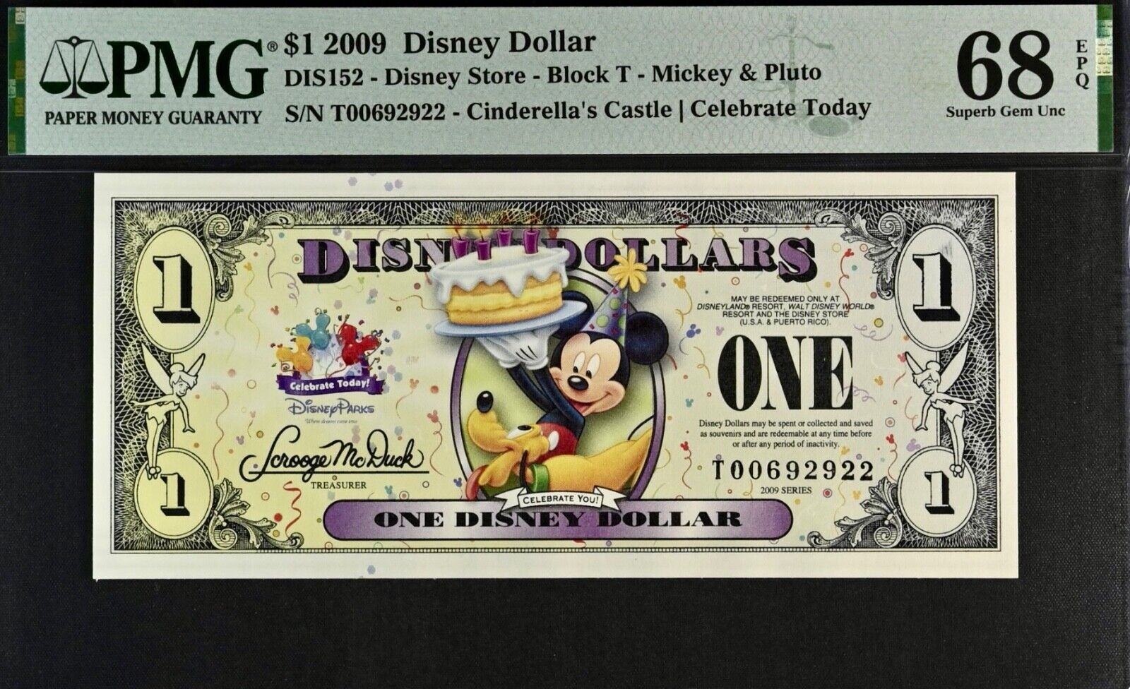 2009 $1 Disney Dollar Mickey & Pluto PMG 68 Superb Gem Unc EPQ DIS 152 T00692922