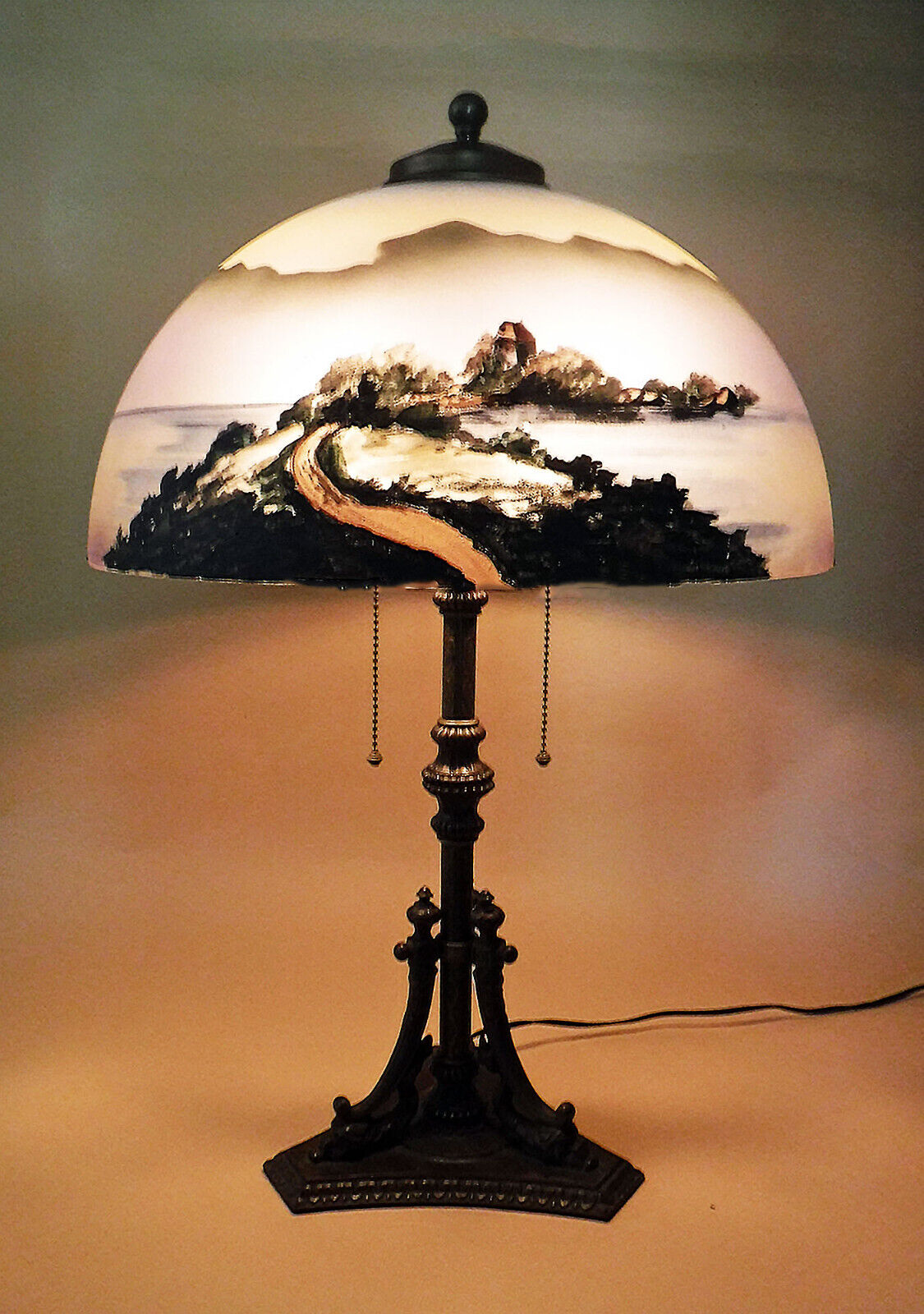 Arts & Crafts Antique Handel Era Reverse Painted Pittsburgh Dolphin Table Lamp