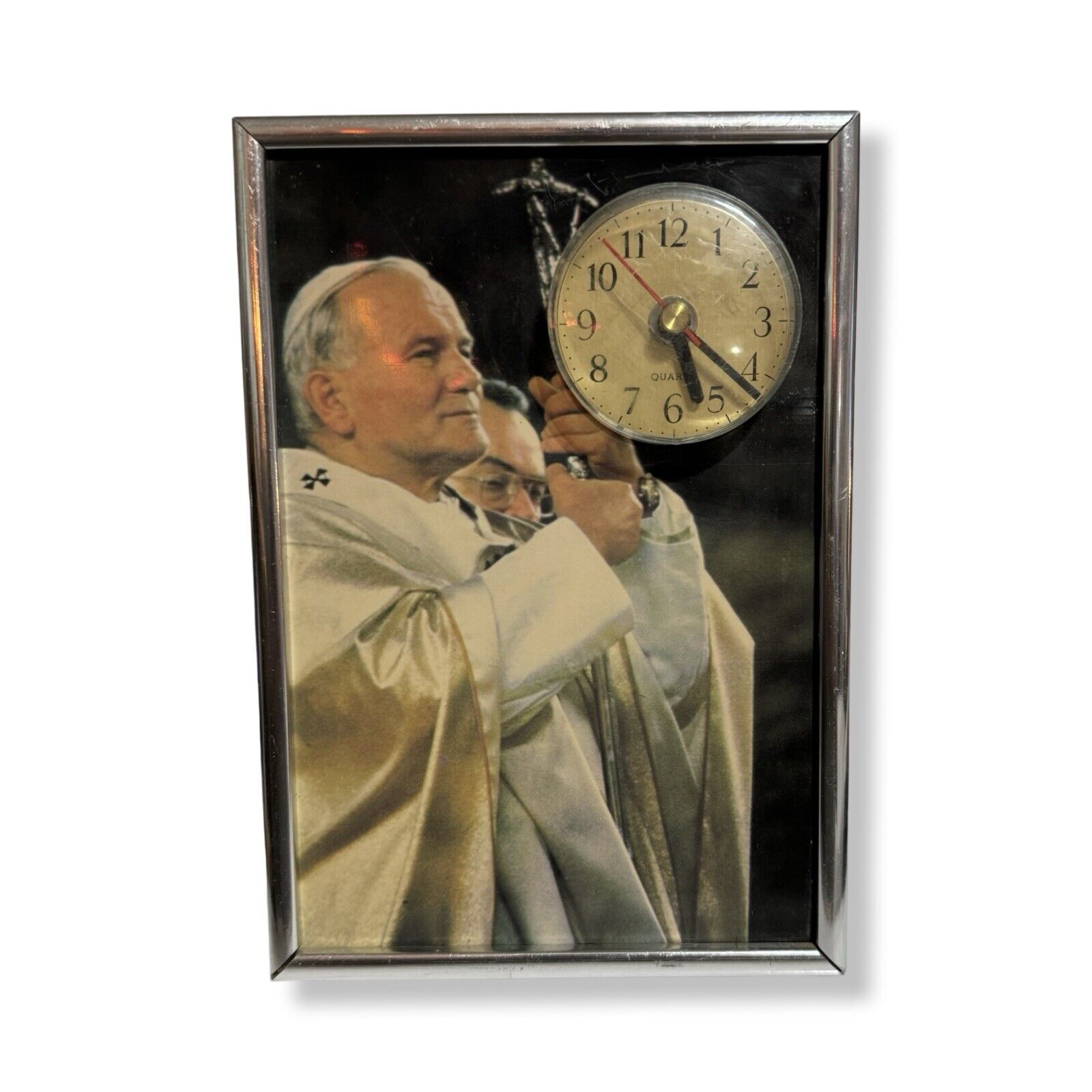Vintage Pope John Paul II Souvenir Desk/Wall Clock - Rare - Metal Frame 6” X 9”
