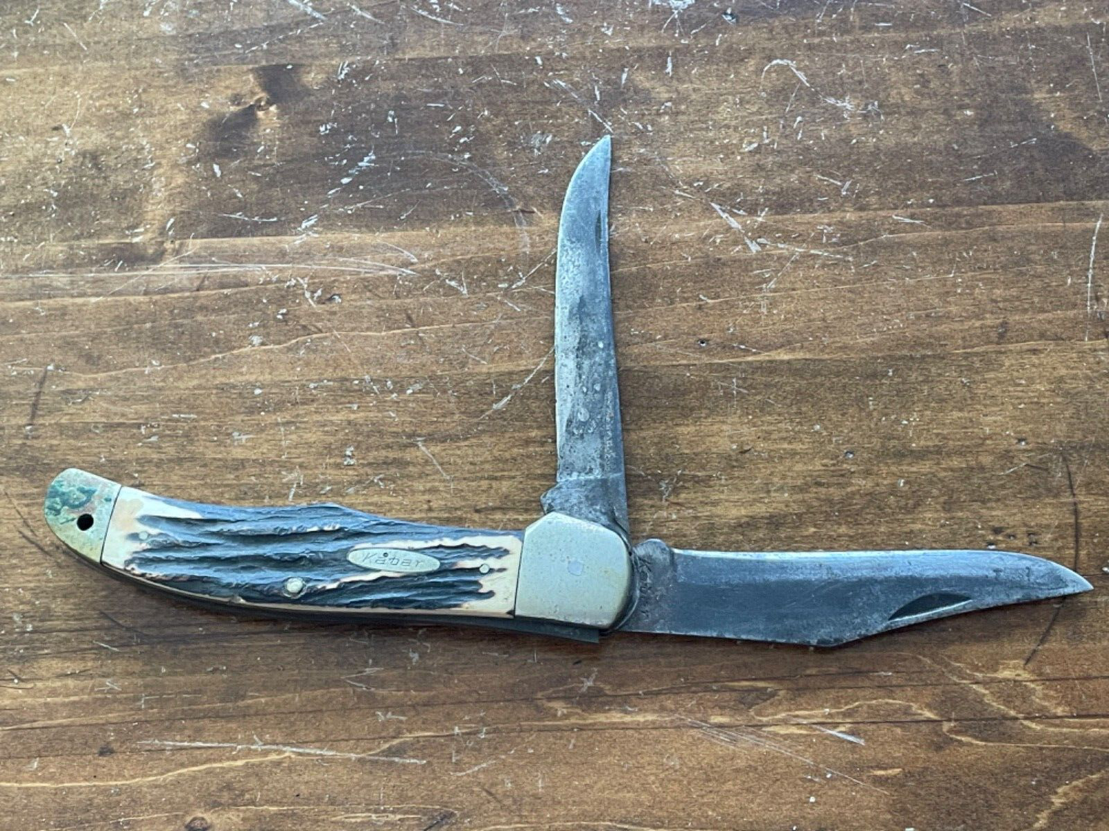 Vintage Kabar large 2 Blade Folding Hunter Pocket Knife w/Stagalon Hdle--1149.24