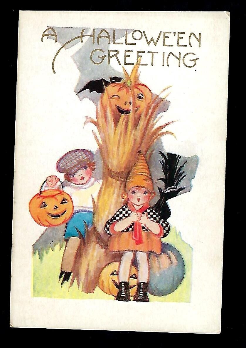c1910 Whitney Made Halloween Postcard Children Hay Stalk & JOL Embossed