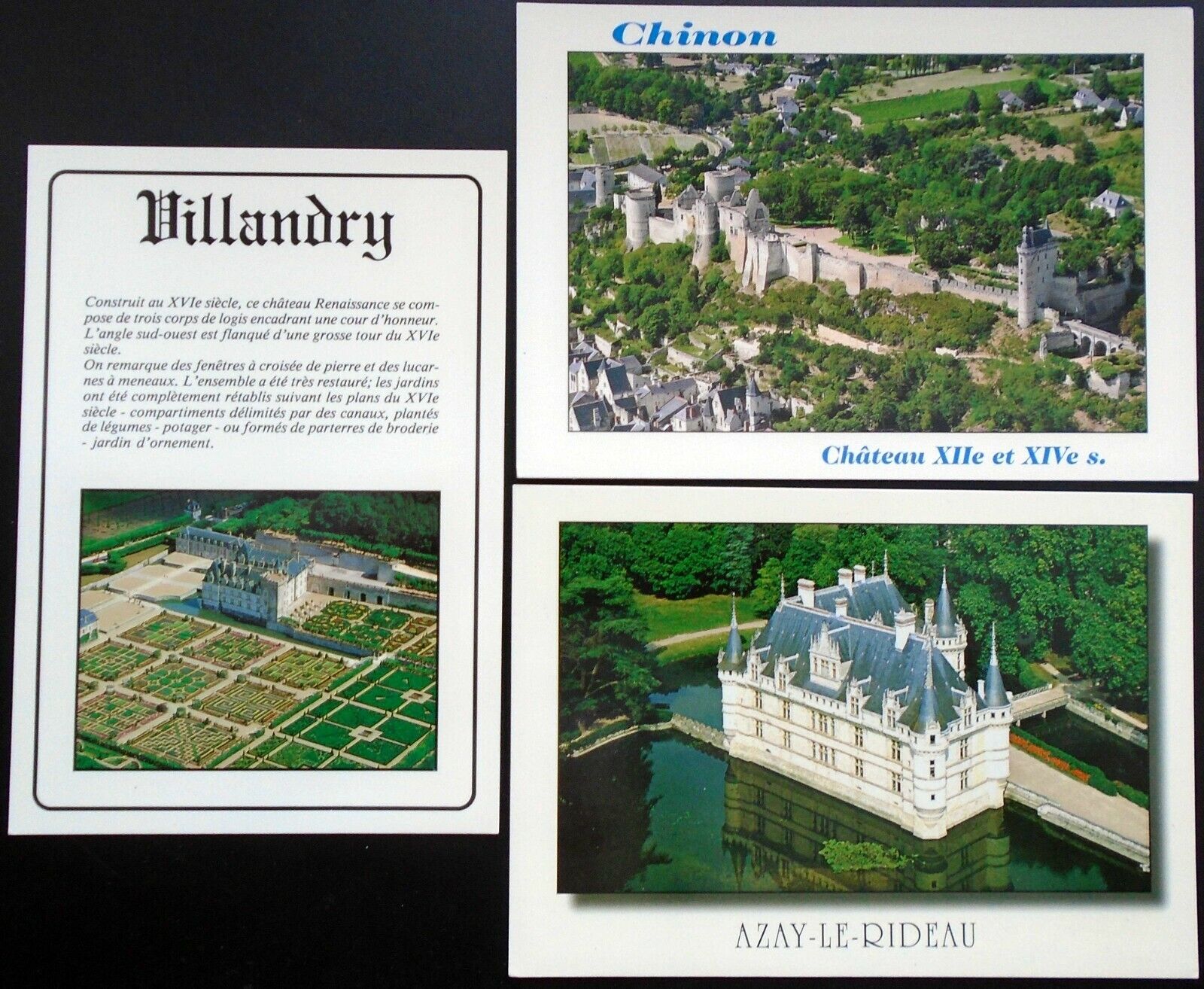 1980s+ THREE CARD LOT, France, Chinon Chateau, Villandry, Azay-Le-Rideau 