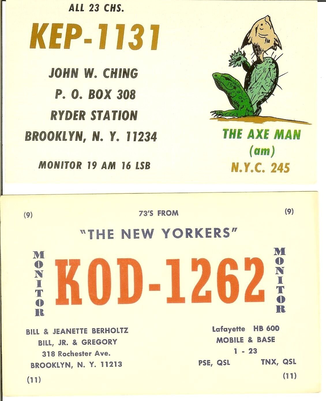 2 Postcard QSL Brooklyn NY KOD-1262  & KEP-1131