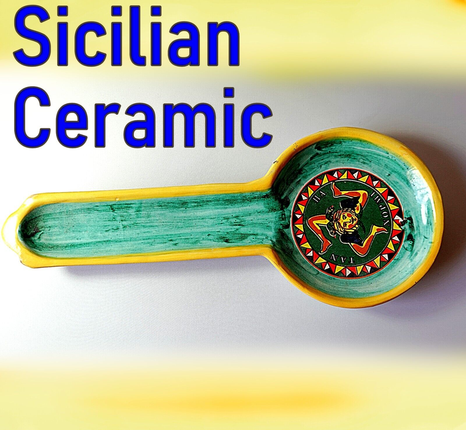Italian Sicilian Ceramic Pottery Spoon Rest -With Trinacria Symbol - Never Used