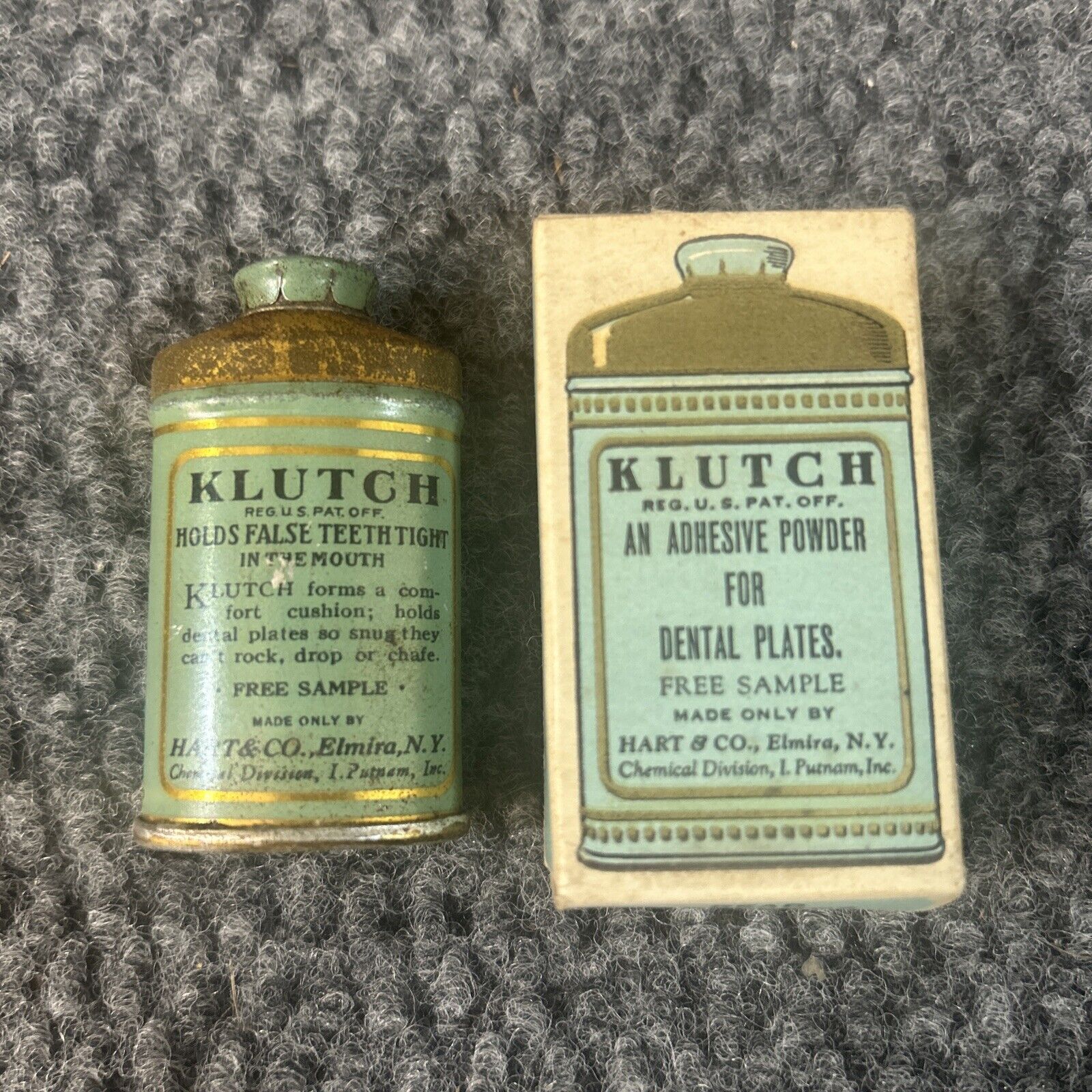 Vintage Klutch Dental Plate Adhesive Powder Tin Small w Original Box Elmira NY