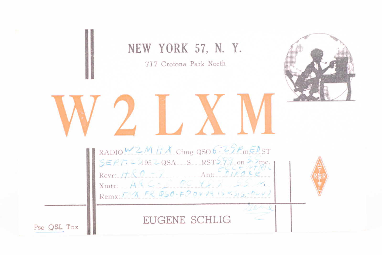 1952 Amateur Ham Radio QSL Card New York NYC W2LXM Eugene Schlig